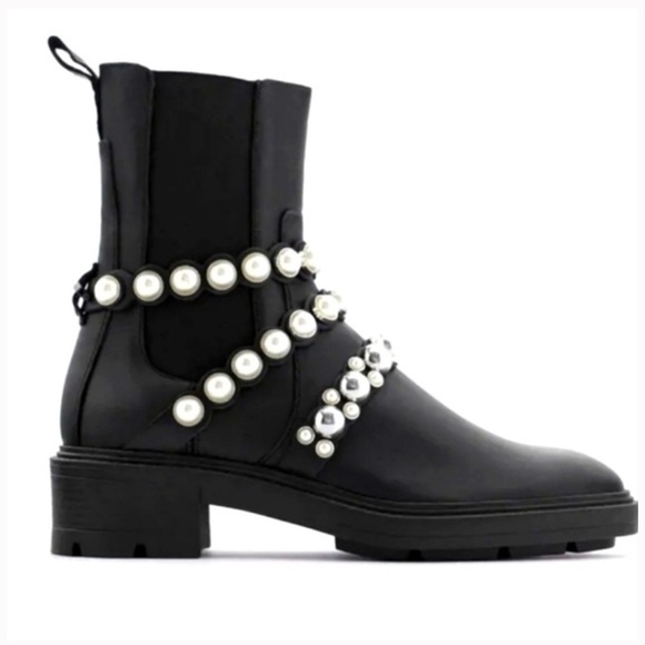 ZARA Leather Lug Sole Pearl Accented Chelsea Ankle Boots - Picture 2 of 10